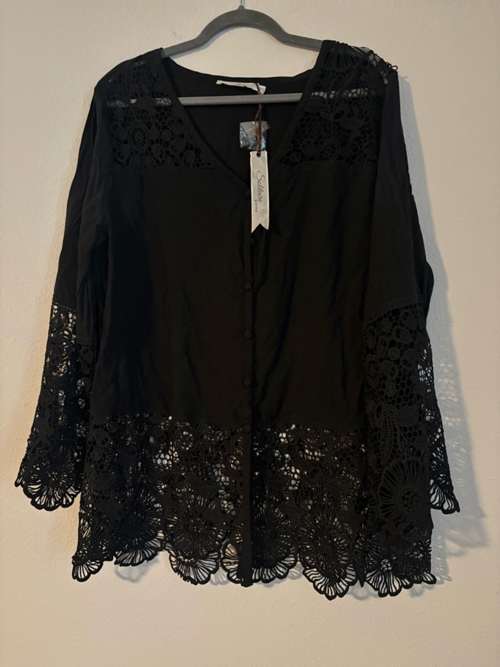 Solitaire Black V-Neck Blouse with Lace Accents